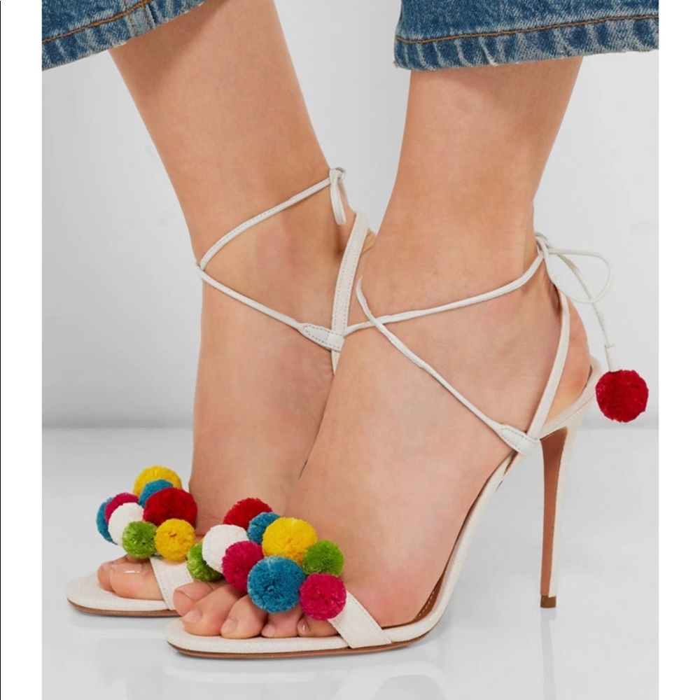 BNIB Aquazzura Pom Pom sandals multicolour white leather strap heels sandals
